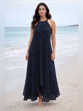 Saloni Polka Dot Halter Maxi Dress Navy White Clip Dot US 6 Designer Luxury